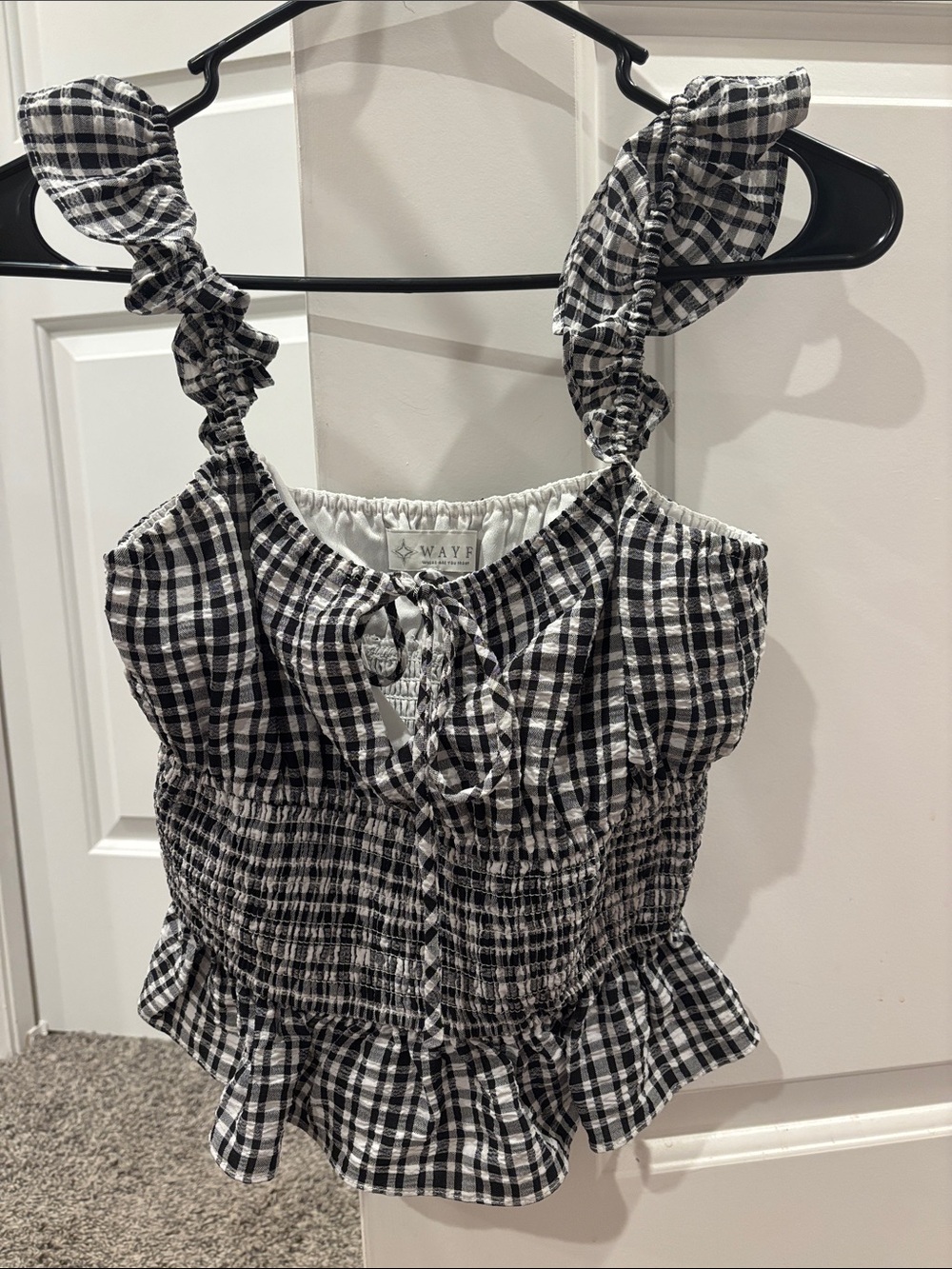 Wayf Black and White Gingham Tie-Front Ruffle Crop Top